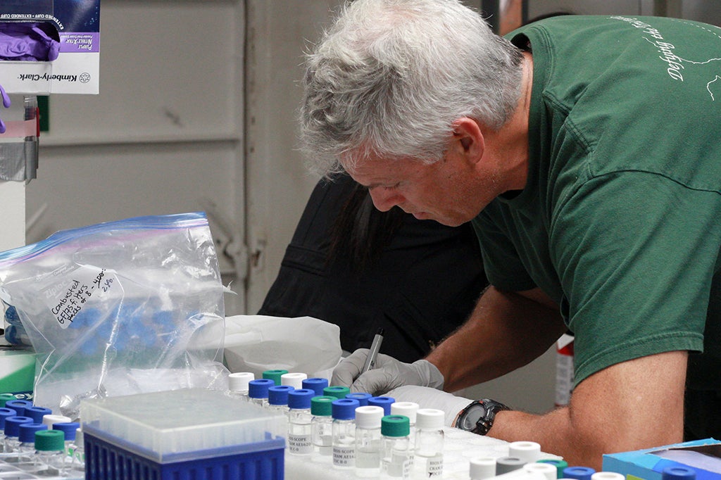 Scientists work in the lab aboard the Atlantic Explorer